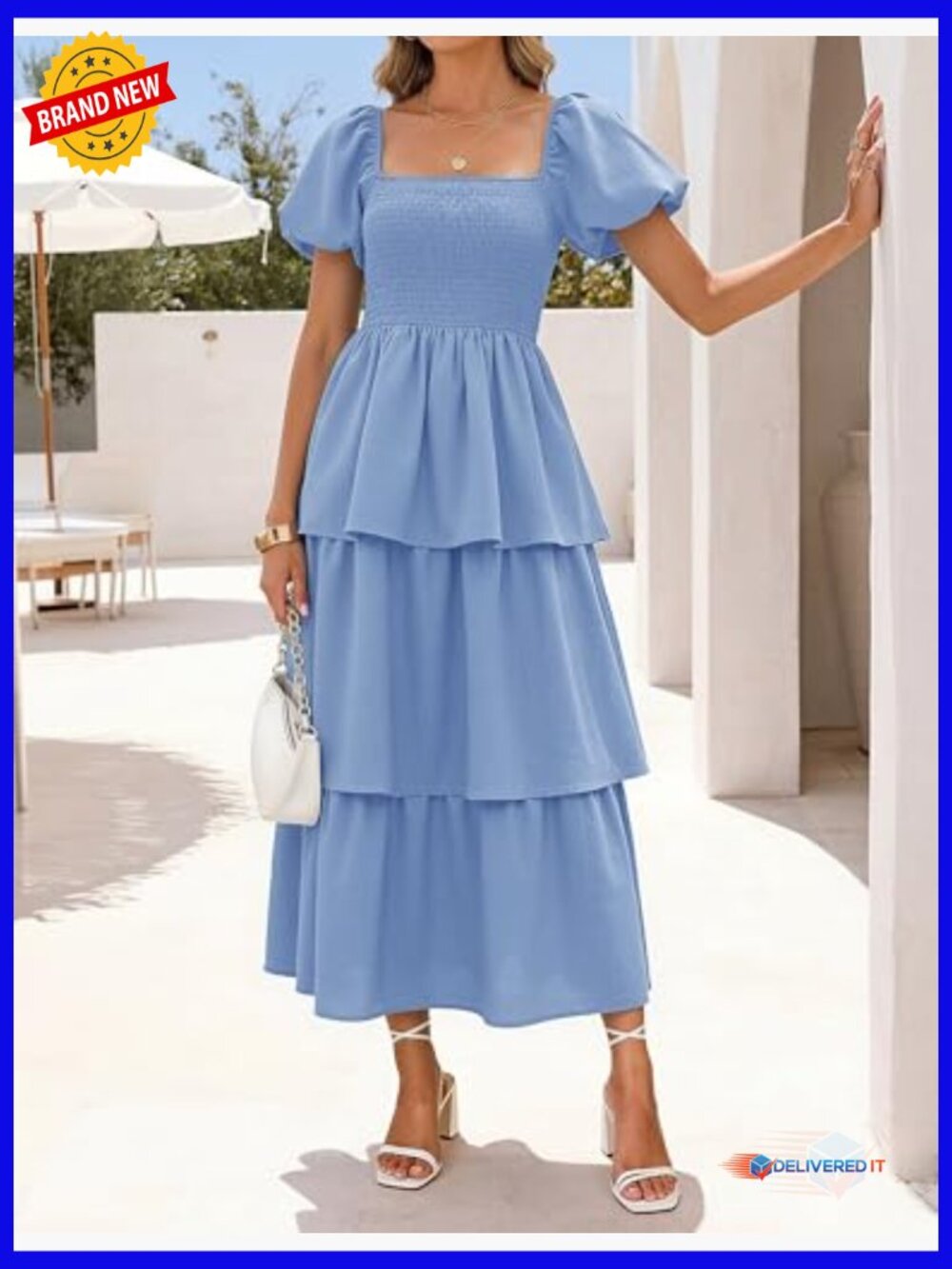 Lightweight Midi Dress with Puff Sleeves, Smocked Bodice, and Tiered Skirt - Picture 4 of 7